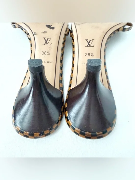 LOUIS VUITTON | Damier Check Kitten Heel Mule Sandals Gold LV Charm EU 38.5 Y2K - Picture 15 of 15